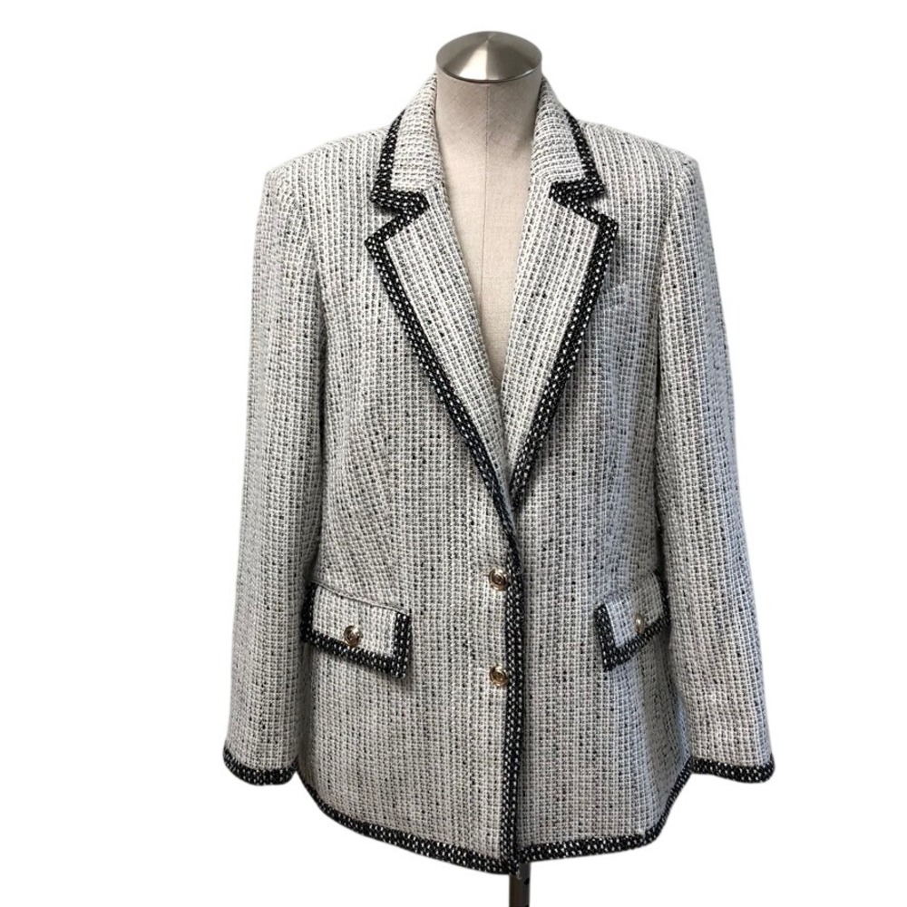 Karl Lagerfeld Paris Blazer Womens 12 Adult White Tweed Metallic Trim Career